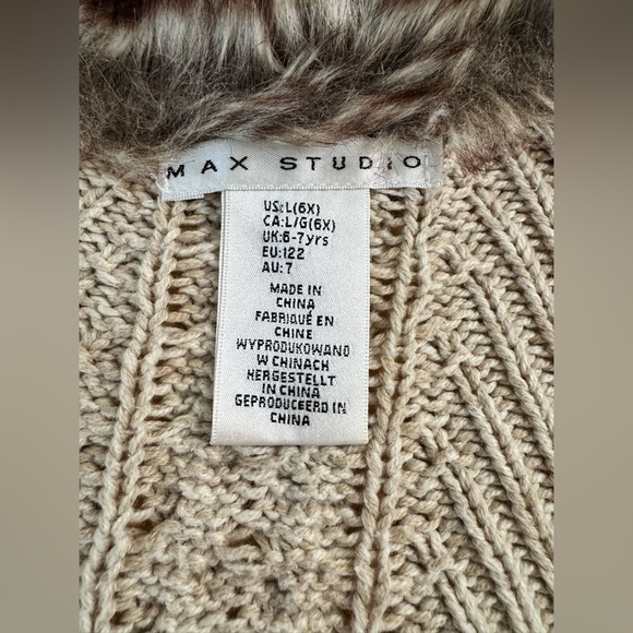 Girls Max Studio Faux Fur Collared Cotton Cable Knit Button Up Evening Cardigan - Picture 5 of 6